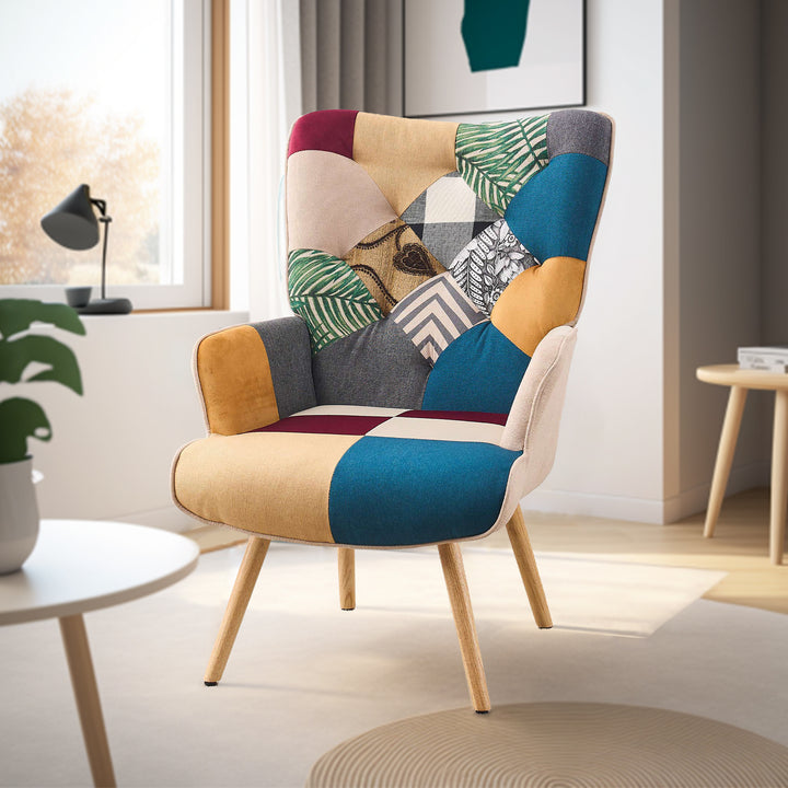 Patchwork Accent Chair Mid-Century Modern Arm Chair with Solid Wood Frame and Soft Cushion, Single sofa Image 3