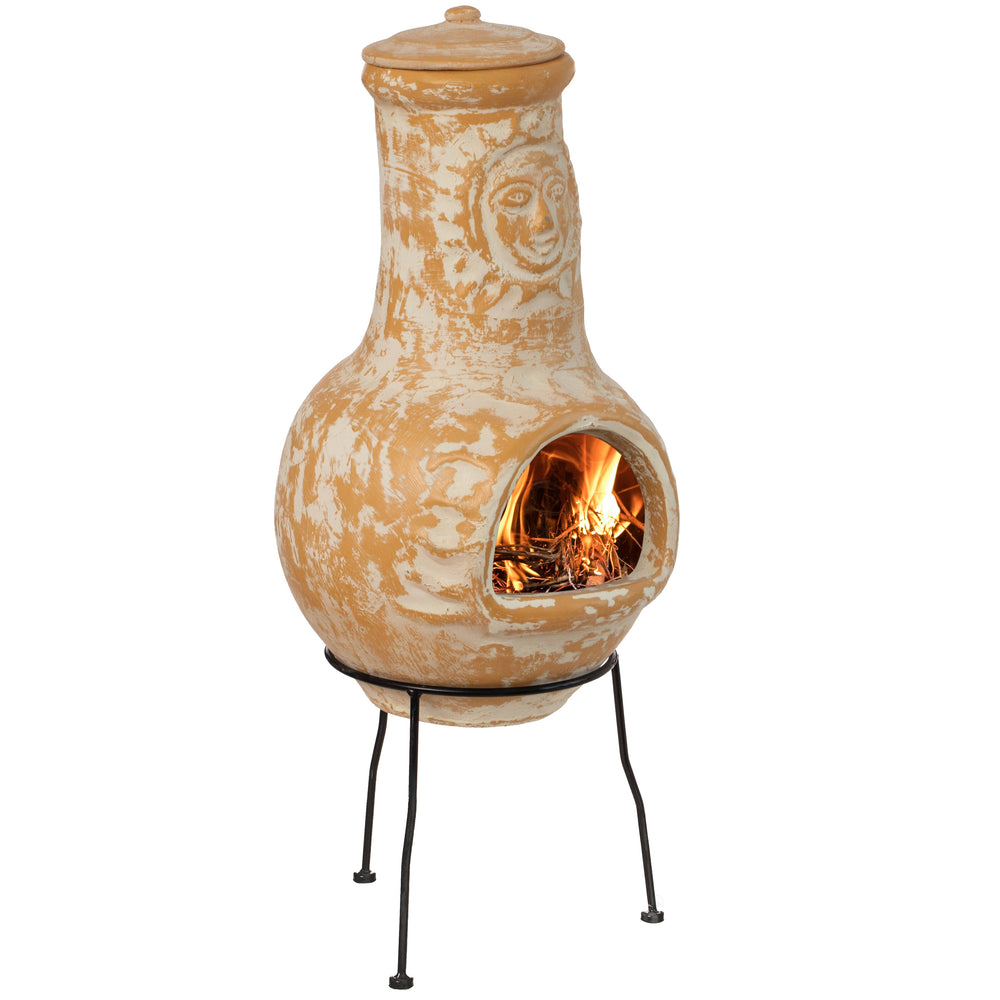 Outdoor Clay Chiminea Fireplace Sun Design Wood Burning Fire Pit with Sturdy Metal Stand, Barbecue, Cocktail Party, Cozy Image 2