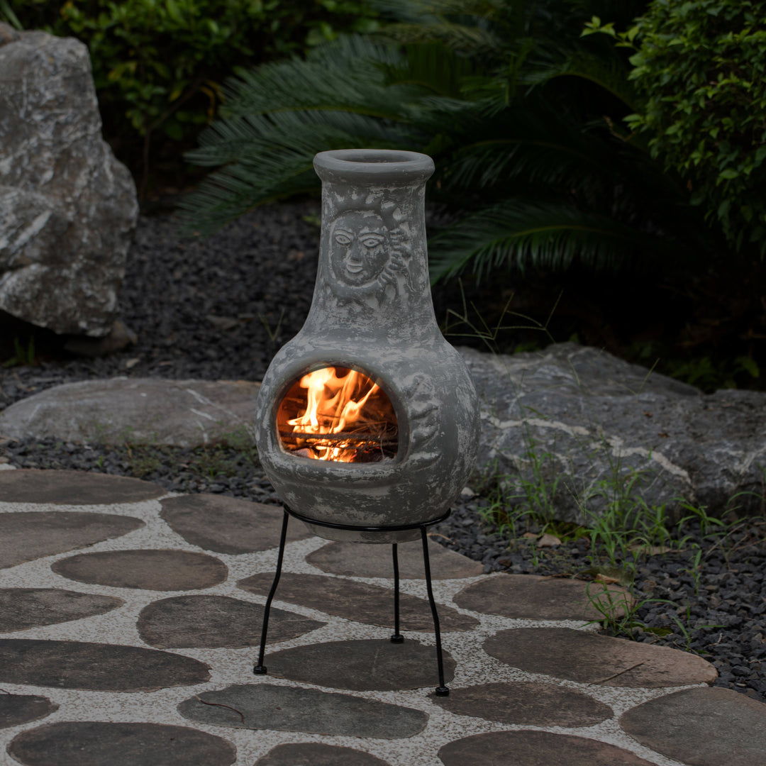 Outdoor Clay Chiminea Fireplace Sun Design Wood Burning Fire Pit with Sturdy Metal Stand, Barbecue, Cocktail Party, Cozy Image 3