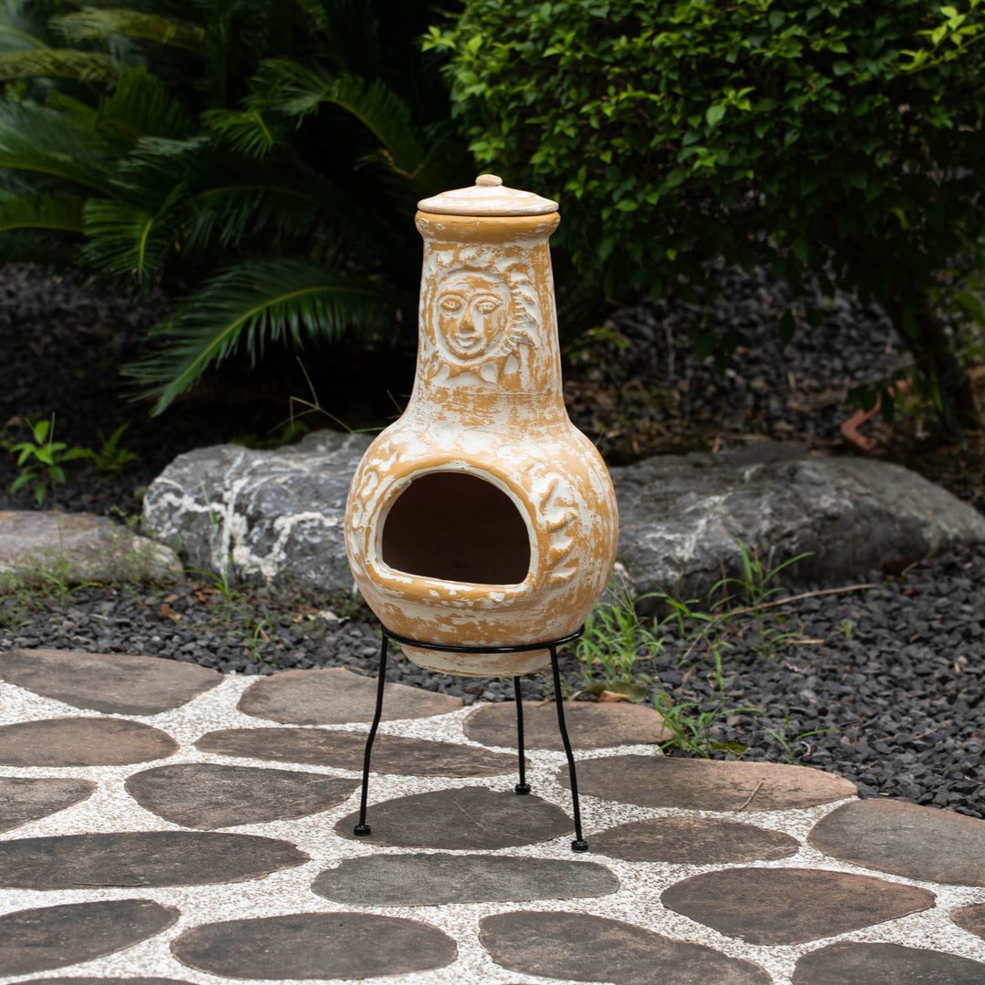 Outdoor Clay Chiminea Fireplace Sun Design Wood Burning Fire Pit with Sturdy Metal Stand, Barbecue, Cocktail Party, Cozy Image 4