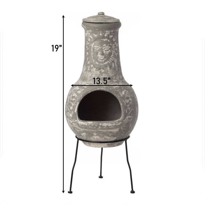 Outdoor Clay Chiminea Fireplace Sun Design Wood Burning Fire Pit with Sturdy Metal Stand, Barbecue, Cocktail Party, Cozy Image 5