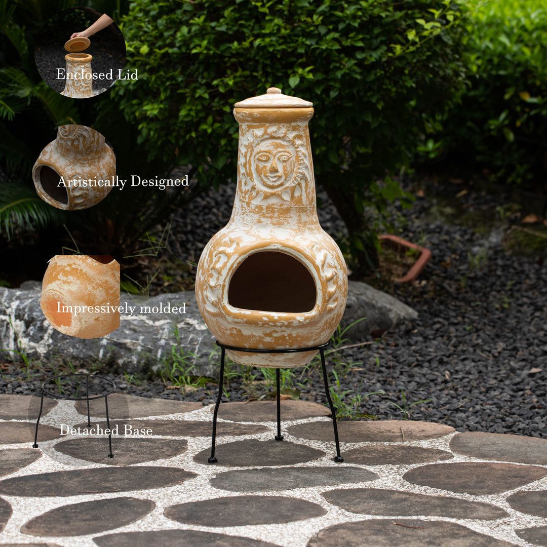 Outdoor Clay Chiminea Fireplace Sun Design Wood Burning Fire Pit with Sturdy Metal Stand, Barbecue, Cocktail Party, Cozy Image 6