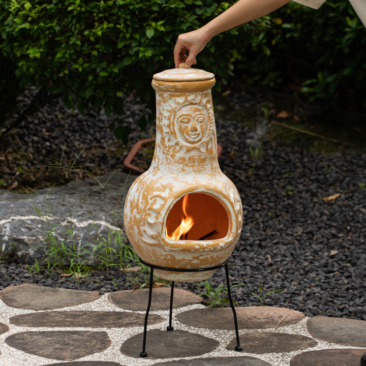 Outdoor Clay Chiminea Fireplace Sun Design Wood Burning Fire Pit with Sturdy Metal Stand, Barbecue, Cocktail Party, Cozy Image 8