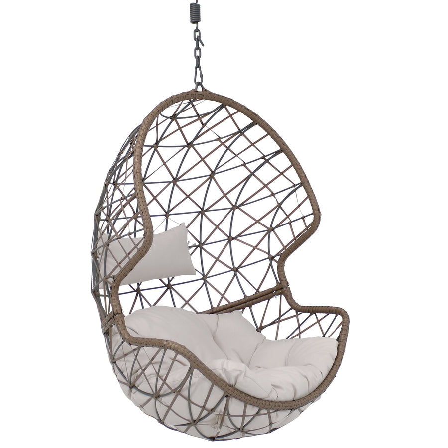 Sunnydaze Brown Resin Wicker Basket Hanging Egg Chair with Cushions - Gray Image 1