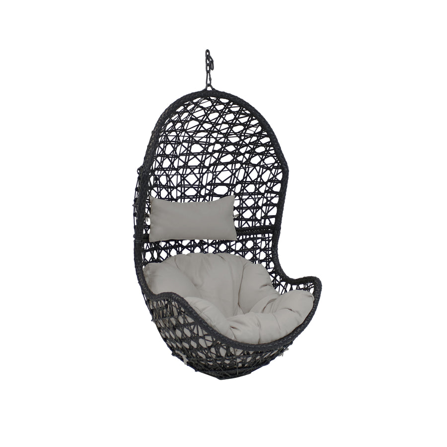 Sunnydaze Black Resin Wicker Basket Hanging Egg Chair with Cushions - Gray Image 1
