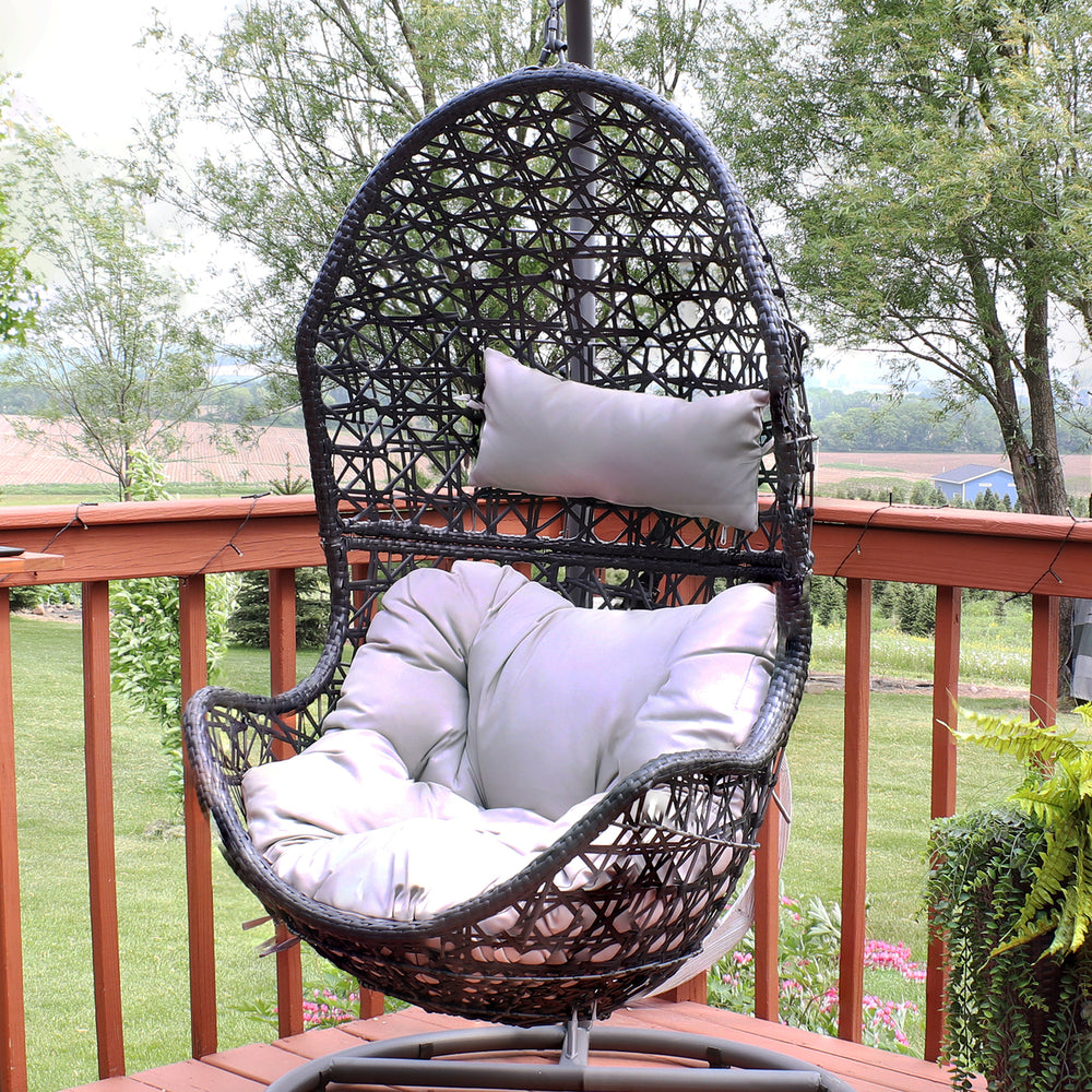 Sunnydaze Black Resin Wicker Basket Hanging Egg Chair with Cushions - Gray Image 2