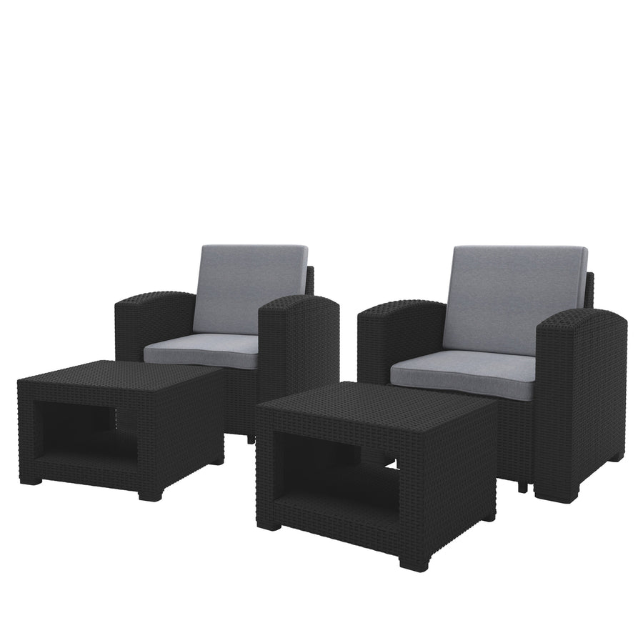 CorLiving 4pc All-Weather Black Chair and Ottoman Patio Set with Light Grey Cushions Image 1