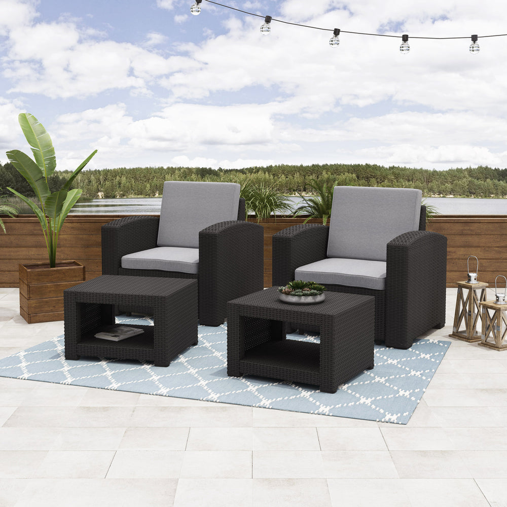 CorLiving 4pc All-Weather Black Chair and Ottoman Patio Set with Light Grey Cushions Image 2