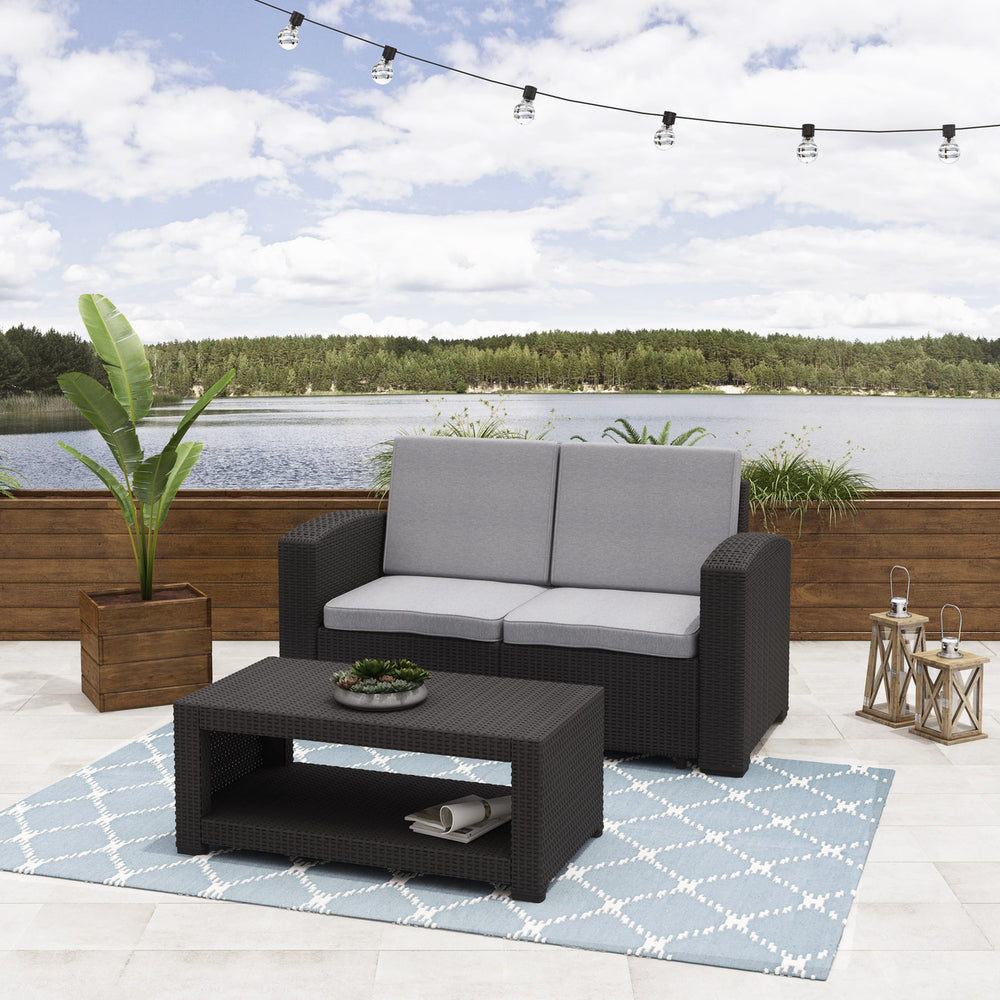 CorLiving 2pc All-Weather Black Loveseat Patio Set with Light Grey Cushions Image 2