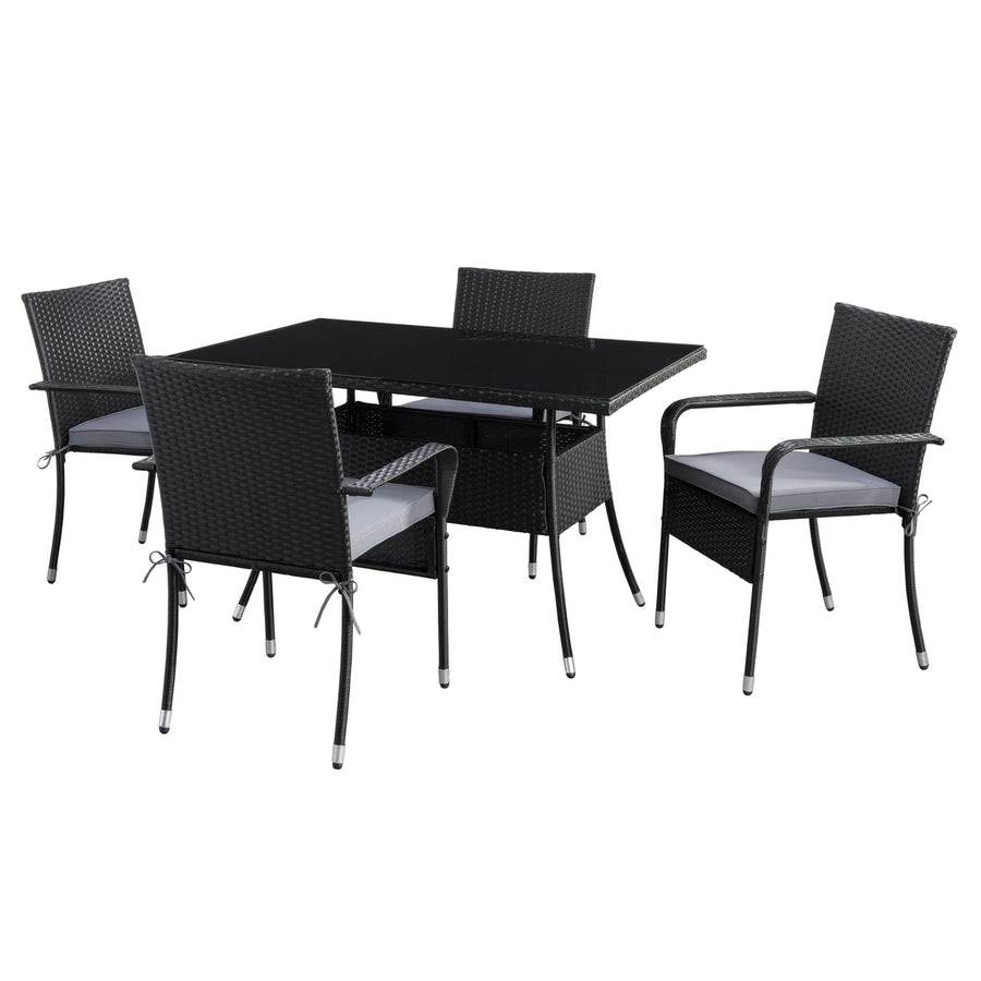 CorLiving Parksville Rectangle Patio Dining Set- Stackable Chairs - Black Finish/Ash Grey Cushions 5pc Image 1