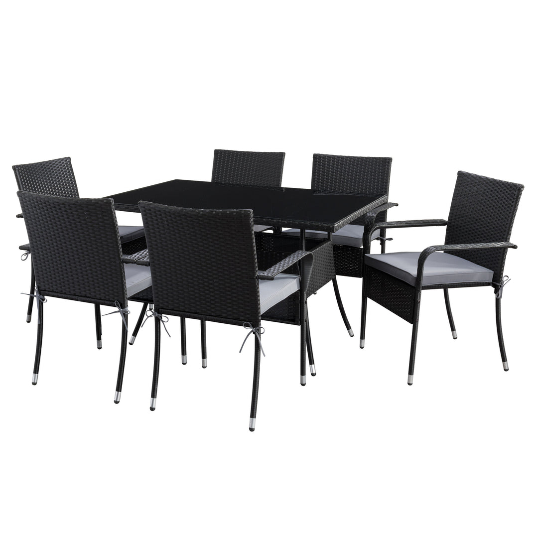 CorLiving Parksville Patio Dining Set with Stackable Chairs - Black Finish/Ash Grey Cushions 7pc Image 1