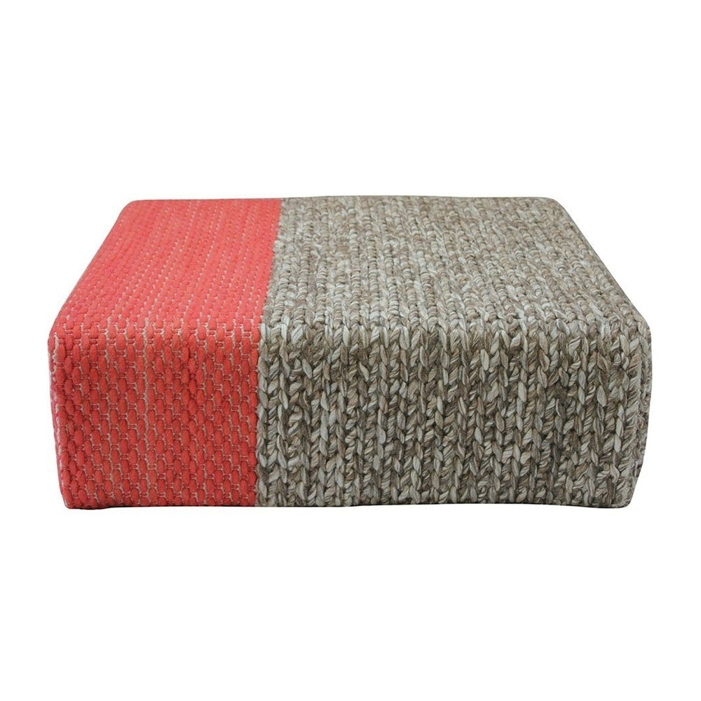 Ira - Handmade Wool Braided Square Pouf  Natural/Living Coral  90x90x30cm Image 2