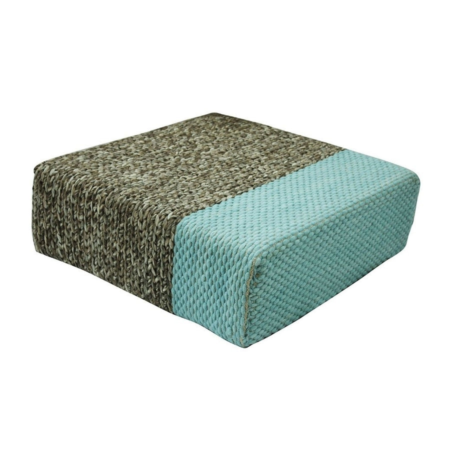 Ira - Handmade Wool Braided Square Pouf  Natural/Pastel Turquoise  90x90x30cm Image 1