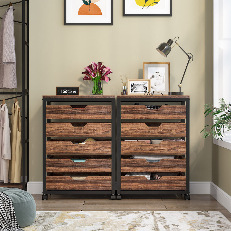 5 Drawer Chest, Wood Storage Dresser Cabinet with Wheels, Industrial Storage Drawer Organizer Cart Image 1