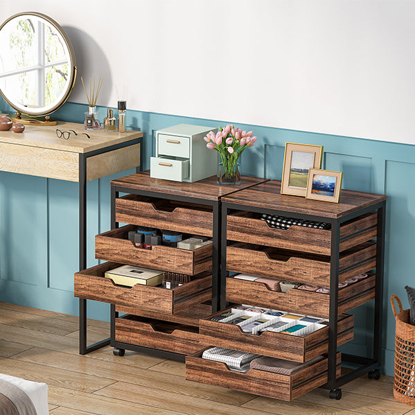 5 Drawer Chest, Wood Storage Dresser Cabinet with Wheels, Industrial Storage Drawer Organizer Cart Image 2