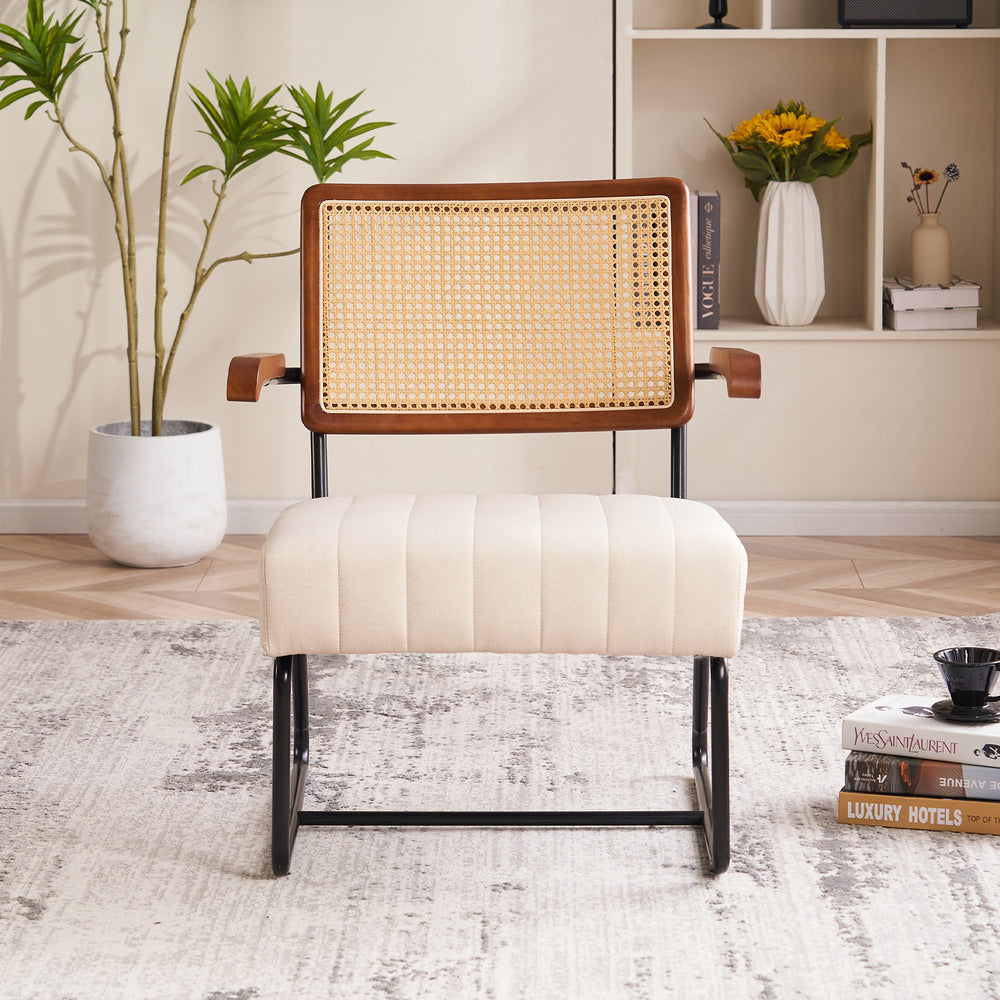 Teddy Upholstered Modern Accent Chair Rattan Accent Chair with Cane Backrest and Metal Frame, Mid Century Modern Image 2