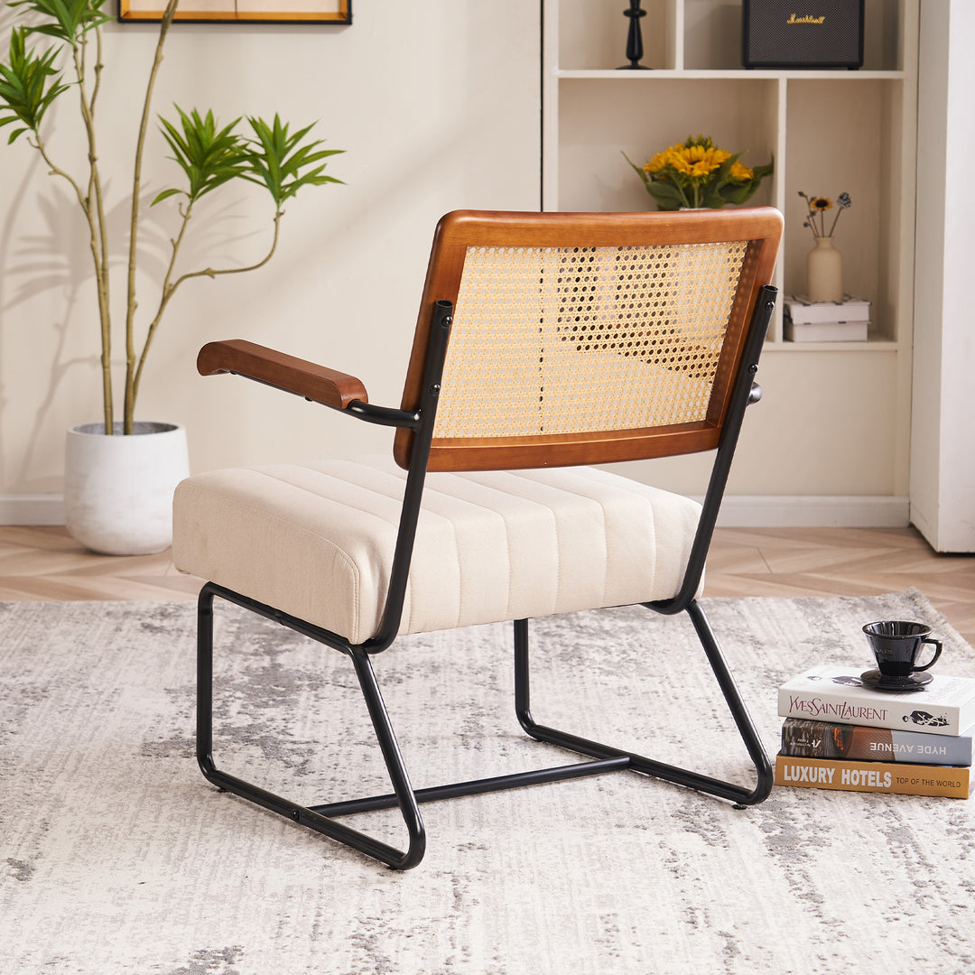 Teddy Upholstered Modern Accent Chair Rattan Accent Chair with Cane Backrest and Metal Frame, Mid Century Modern Image 4