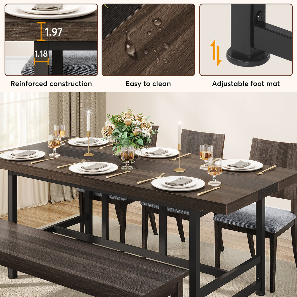 Wooden Dinning Table for 6 People, Rectangular Dinning Room Table, Large Dinner Table with Metal Frame Image 2