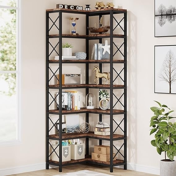 7-Shelf Corner Bookshelf, Large Modern Corner Bookcase, 7-Tier Tall Corner Shelf Storage Display Rack with Metal Frame Image 1