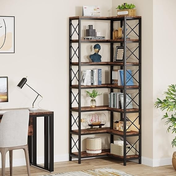 7-Shelf Corner Bookshelf, Large Modern Corner Bookcase, 7-Tier Tall Corner Shelf Storage Display Rack with Metal Frame Image 3
