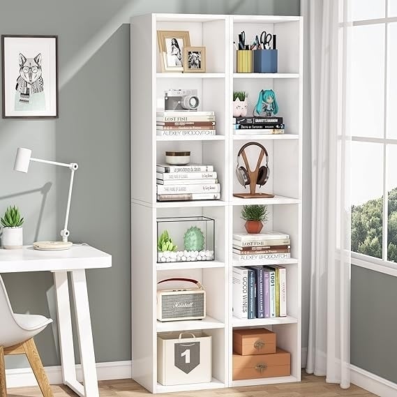 70.9" Tall Narrow Bookcase, Modern White Corner Bookcase with Storage, 6 Tier Cube Display Shelves Image 1