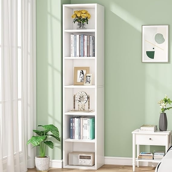 70.9" Tall Narrow Bookcase, Modern White Corner Bookcase with Storage, 6 Tier Cube Display Shelves Image 2