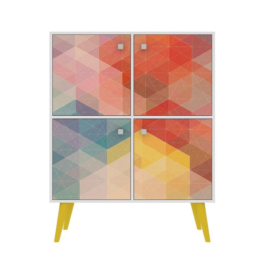 Avesta 45.28 Mid-Century Modern High Double Cabinet with Funky Colorful Design and Solid Wood Legs in White, Color Stamp Image 1