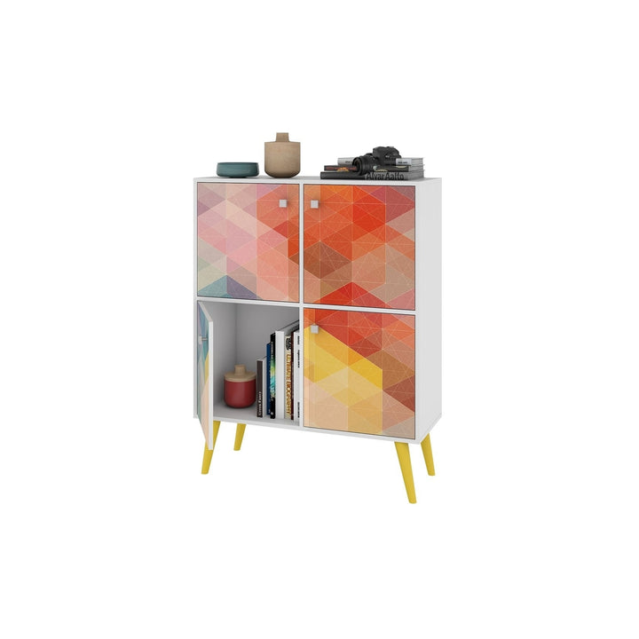 Avesta 45.28 Mid-Century Modern High Double Cabinet with Funky Colorful Design and Solid Wood Legs in White, Color Stamp Image 4