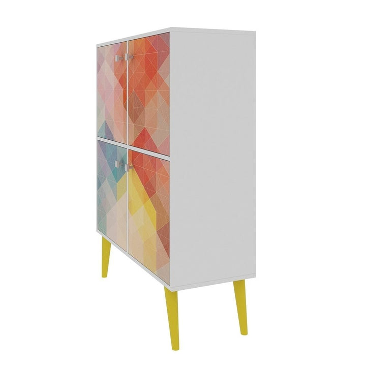 Avesta 45.28 Mid-Century Modern High Double Cabinet with Funky Colorful Design and Solid Wood Legs in White, Color Stamp Image 5
