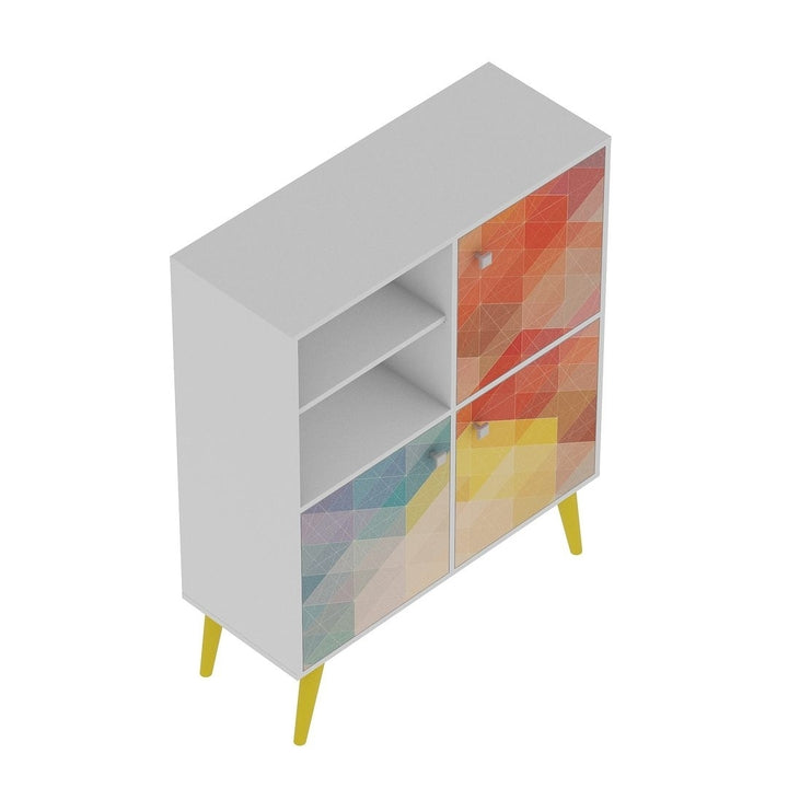 Avesta 45.28 Mid-Century Modern High Double Cabinet with Funky Colorful Design and Solid Wood Legs in White, Color Stamp Image 7