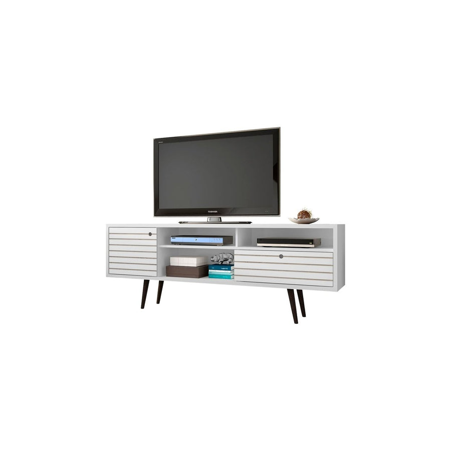 Liberty 70.86" Mid-Century Modern TV Stand with 4 Shelving Spaces and 1 Drawer with Solid Wood Legs Image 1