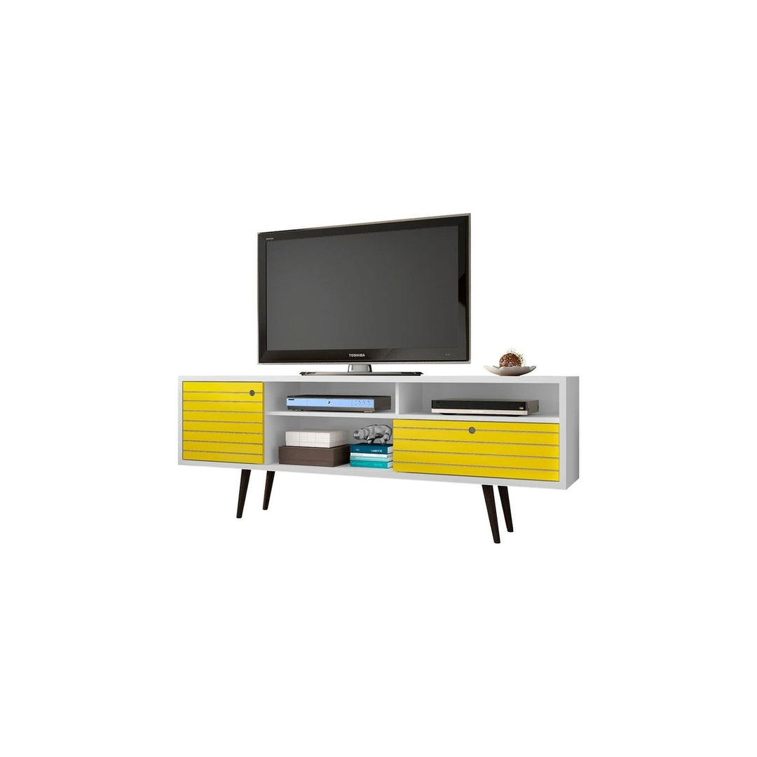 Liberty 70.86" Mid-Century Modern TV Stand with 4 Shelving Spaces and 1 Drawer with Solid Wood Legs Image 3