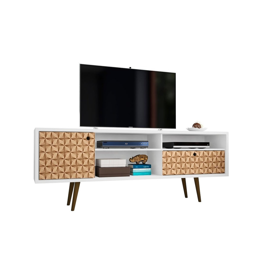 Liberty 70.86" Mid-Century Modern TV Stand with 4 Shelving Spaces and 1 Drawer with Solid Wood Legs Image 4