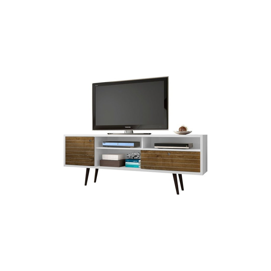 Liberty 70.86" Mid-Century Modern TV Stand with 4 Shelving Spaces and 1 Drawer with Solid Wood Legs Image 5