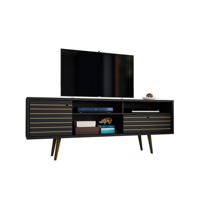 Liberty 70.86" Mid-Century Modern TV Stand with 4 Shelving Spaces and 1 Drawer with Solid Wood Legs Image 6