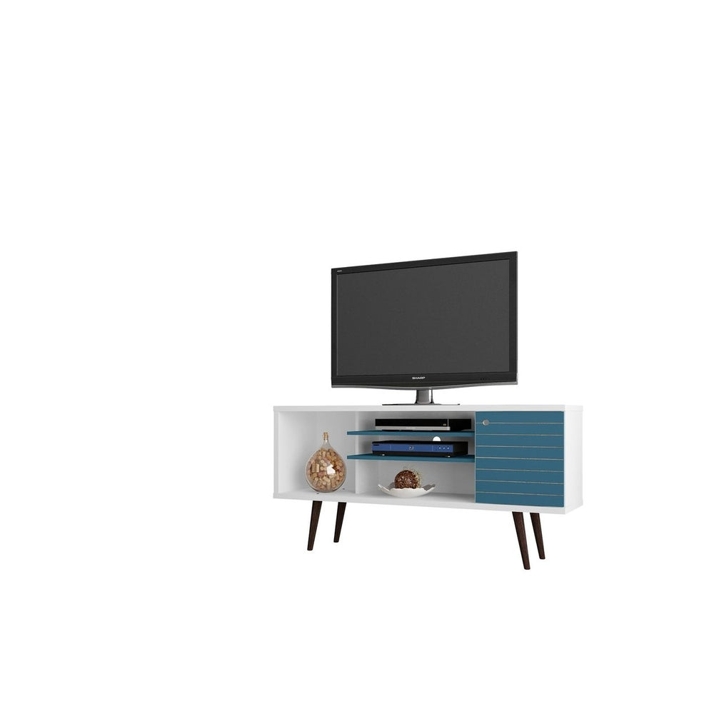 Liberty 53.14" Mid-Century Modern TV Stand with 5 Shelves and 1 Door with Solid Wood Legs Image 2