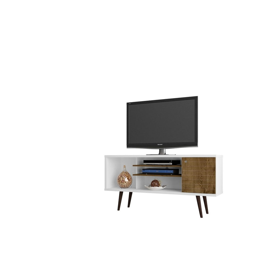 Liberty 53.14" Mid-Century Modern TV Stand with 5 Shelves and 1 Door with Solid Wood Legs Image 1
