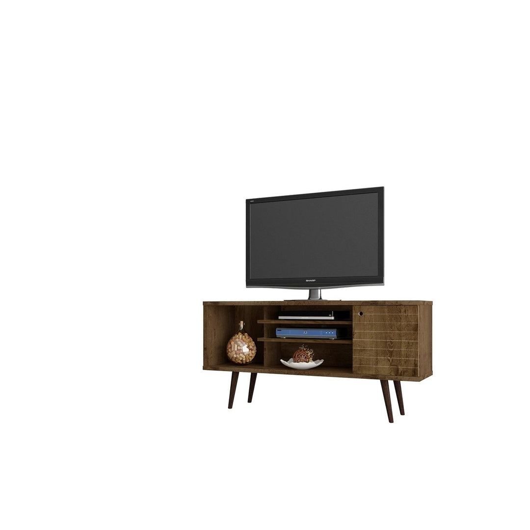 Liberty 53.14" Mid-Century Modern TV Stand with 5 Shelves and 1 Door with Solid Wood Legs Image 7
