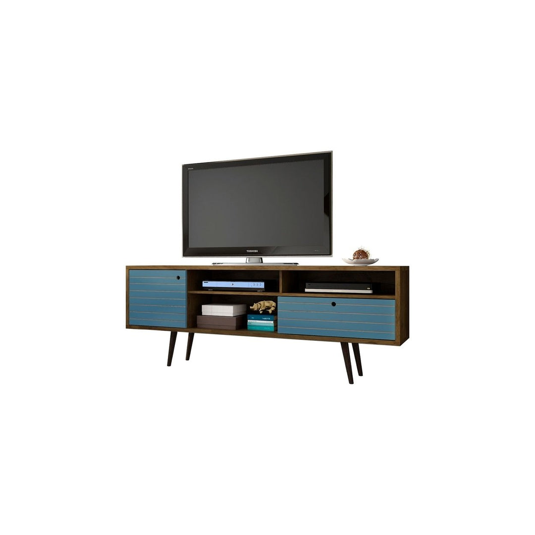 Liberty 70.86" Mid-Century Modern TV Stand with 4 Shelving Spaces and 1 Drawer with Solid Wood Legs Image 8