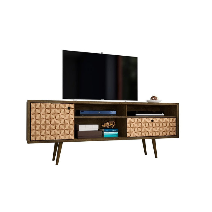 Liberty 70.86" Mid-Century Modern TV Stand with 4 Shelving Spaces and 1 Drawer with Solid Wood Legs Image 10