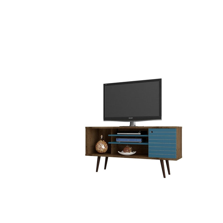 Liberty 53.14" Mid-Century Modern TV Stand with 5 Shelves and 1 Door with Solid Wood Legs Image 1