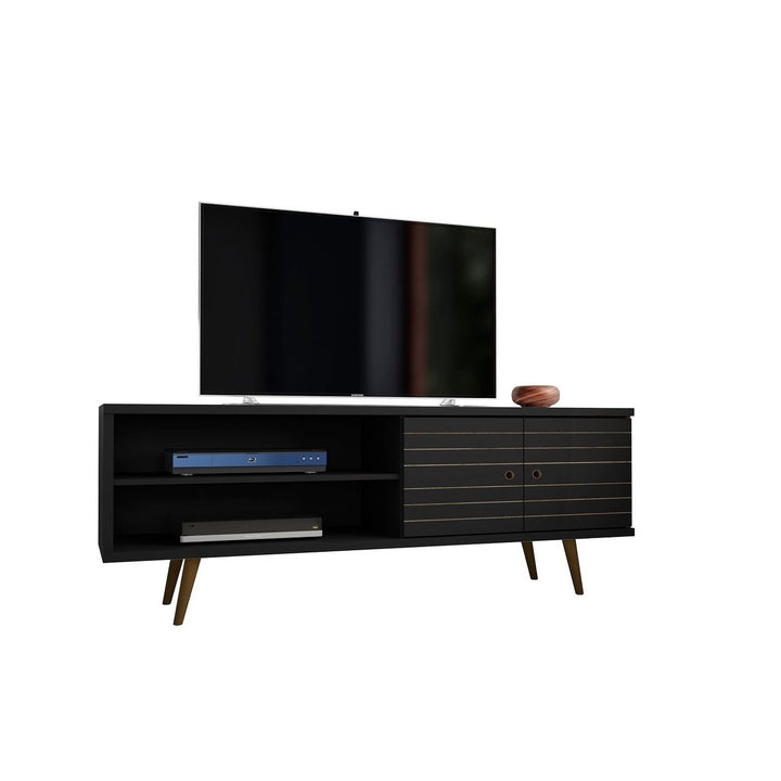 Liberty 62.99" Mid-Century Modern TV Stand with 3 Shelves and 2 Doors with Solid Wood Legs Image 5