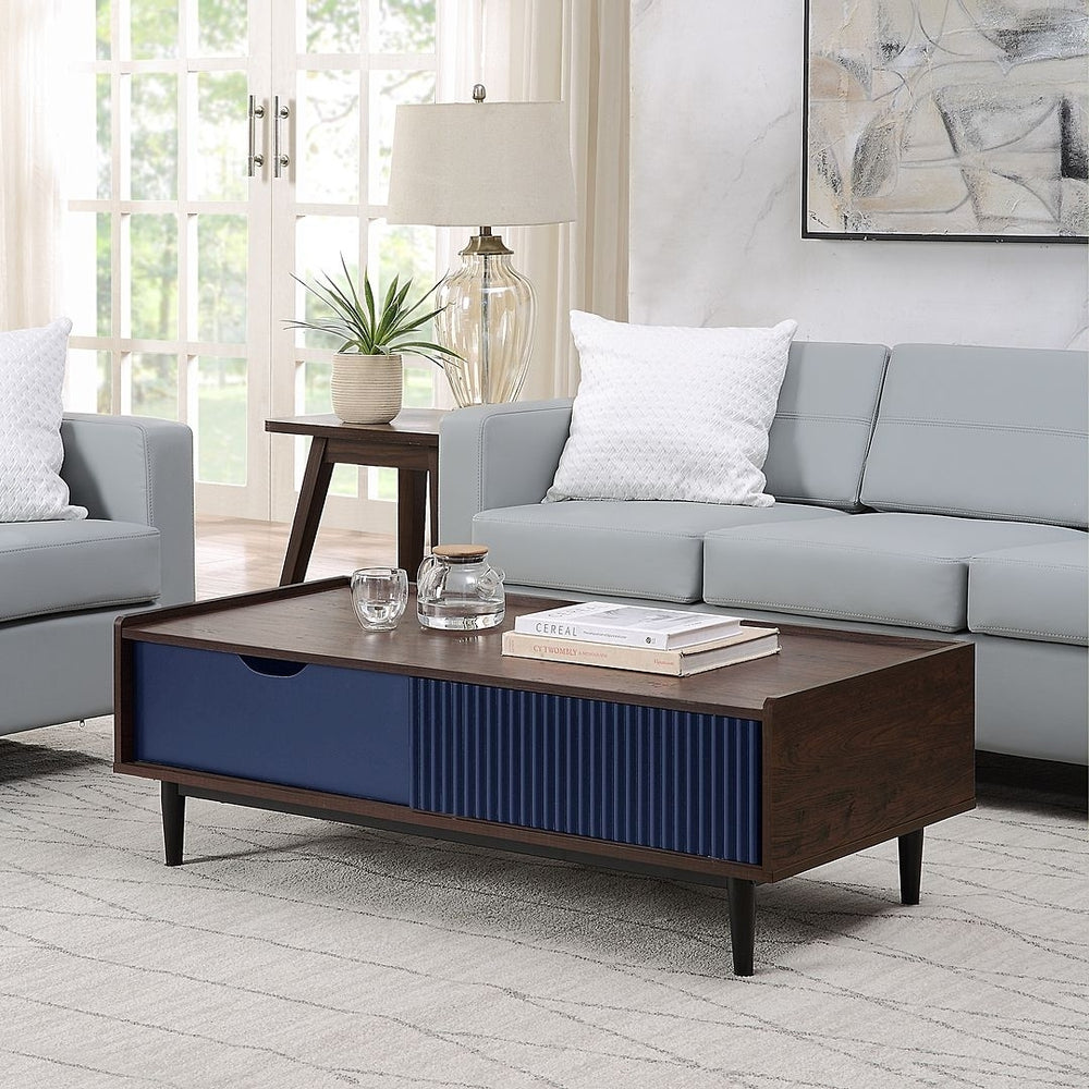 Duane Modern Ribbed Coffee Table with Drawer and Shelf Image 2