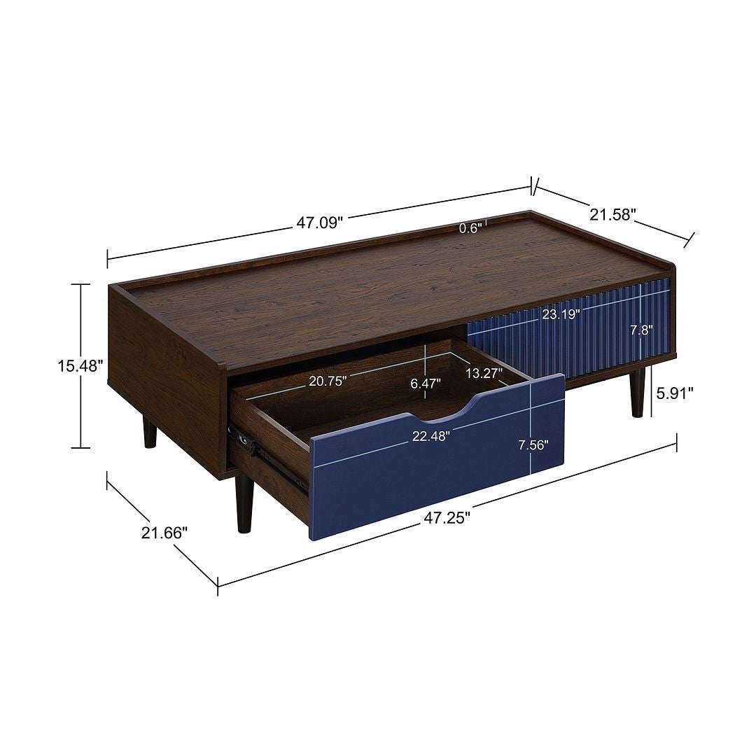 Duane Modern Ribbed Coffee Table with Drawer and Shelf Image 3