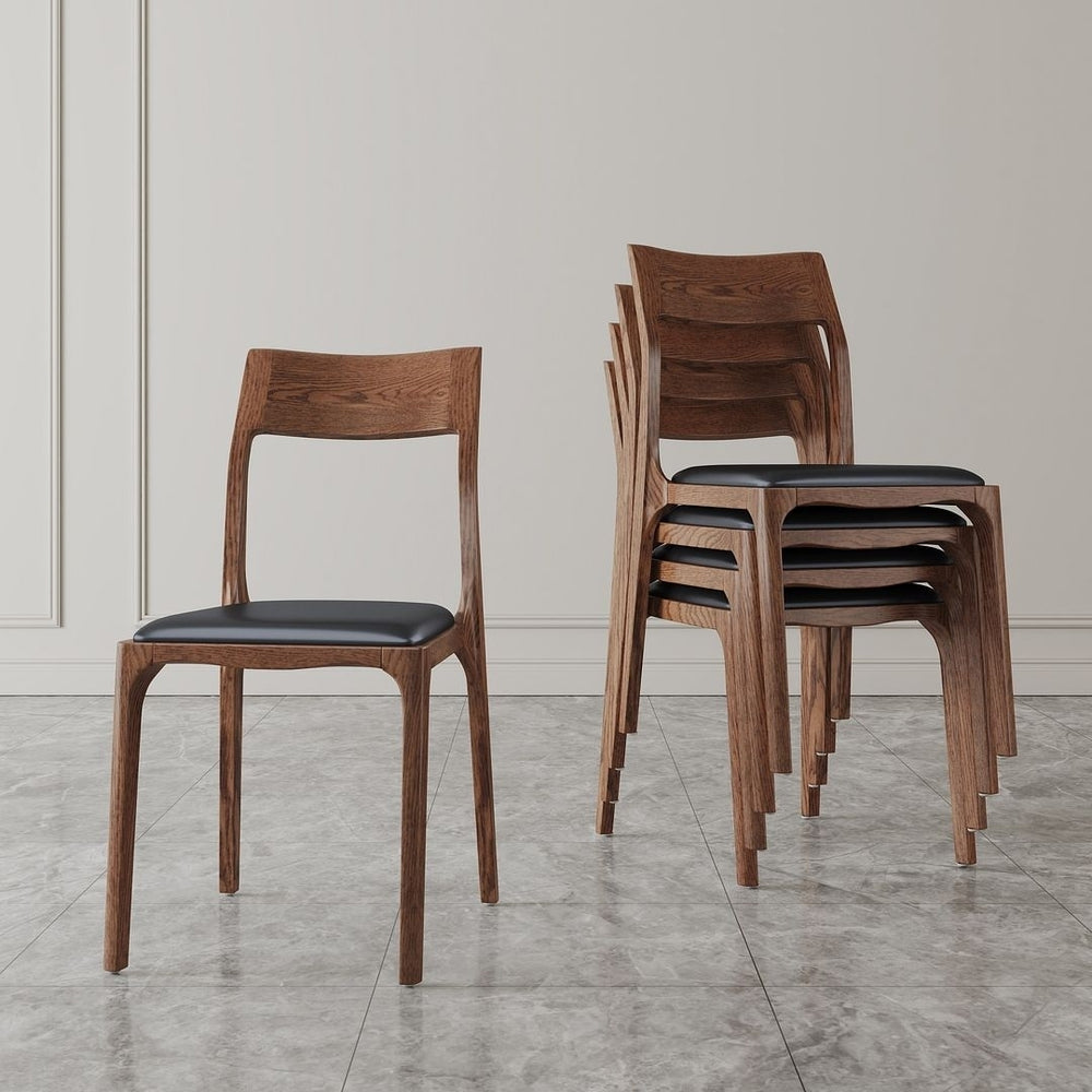Modern Moderno Stackable Dining Chair Upholstered in Leatherette with Solid Wood Frame in Walnut and Black- Set of 2 Image 2