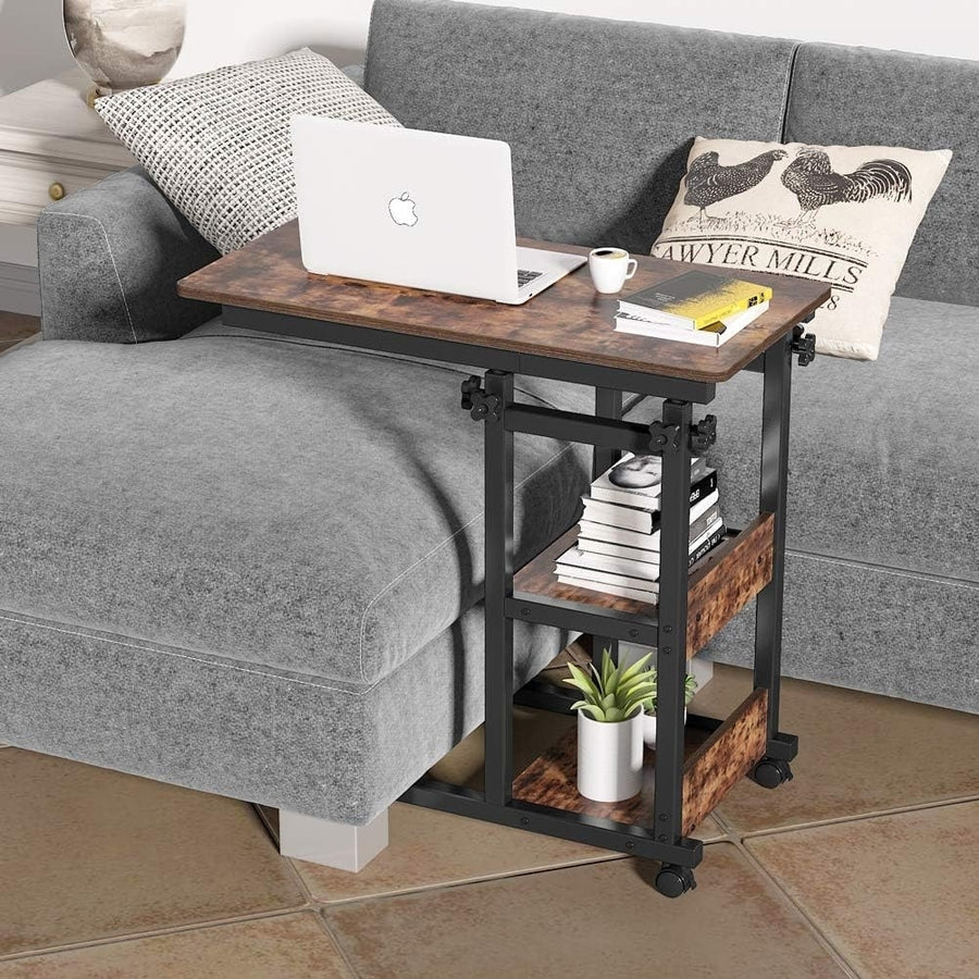 C Table with Storage Shelves and Wheels, Mobile Sofa Side Table End Table Snack Table Image 1