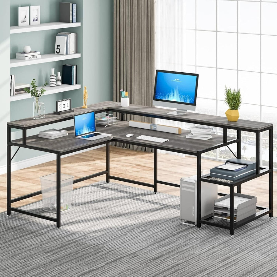 69" L Shaped Computer Desk with Monitor Stand, Large Reversible Corner Desk with Storage Shelf Image 1