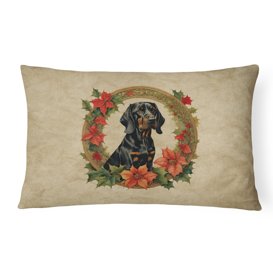 Black and Tan Coonhound Christmas Flowers Throw Pillow Image 1