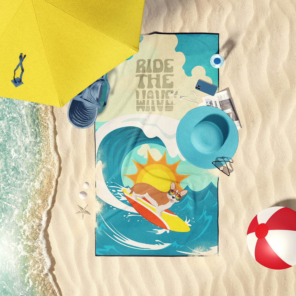 Surfer Dog Red Cardigan Corgi Premium Beach Towel Image 2