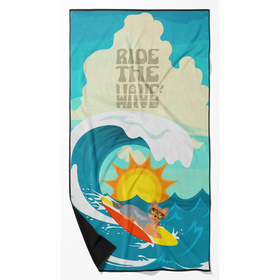 Surfer Dog Blue Tan Yorkie Premium Beach Towel Image 1